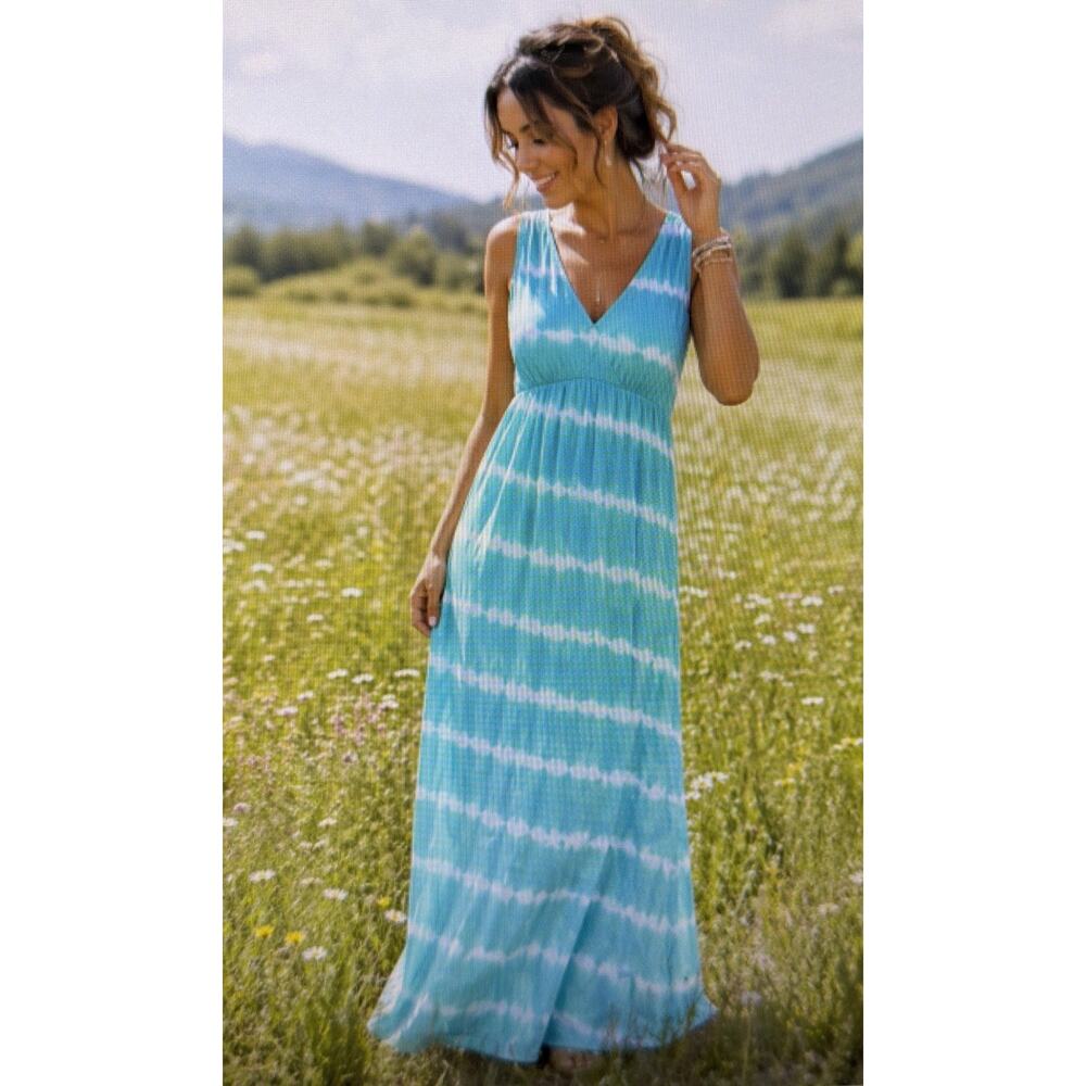 Chico's medium Sleeveless Tie Dye Maxi Dress summer vacation turquoise beach